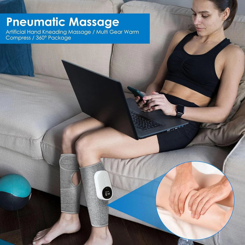 Pretocter Leg Compression Massager Electric Calf Foot Massager with Heat Cordless Muscle Massager with 3 Modes Intensities Heated Knee Sleeve Wrap Foot